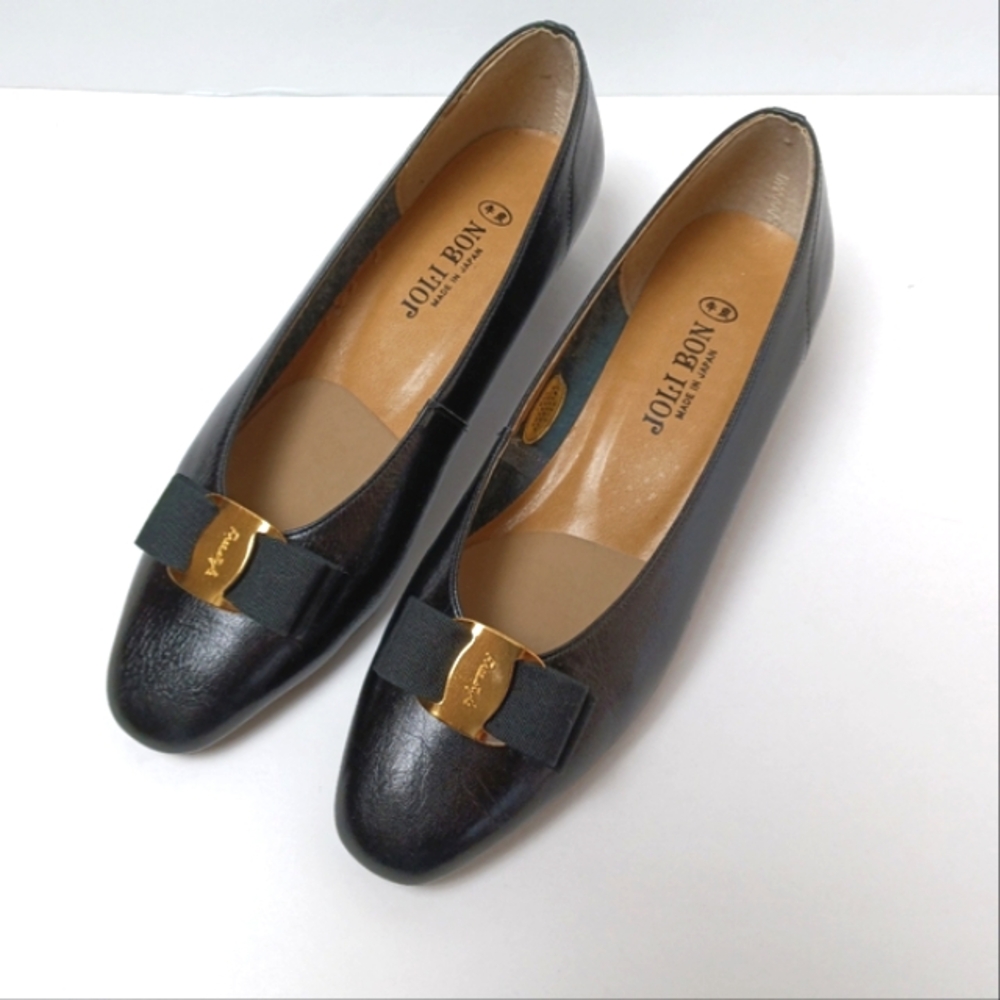Vintage 80s Leather Grosgrain Bow Pumps